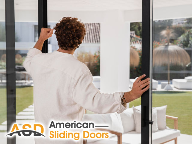man with sliding glass door