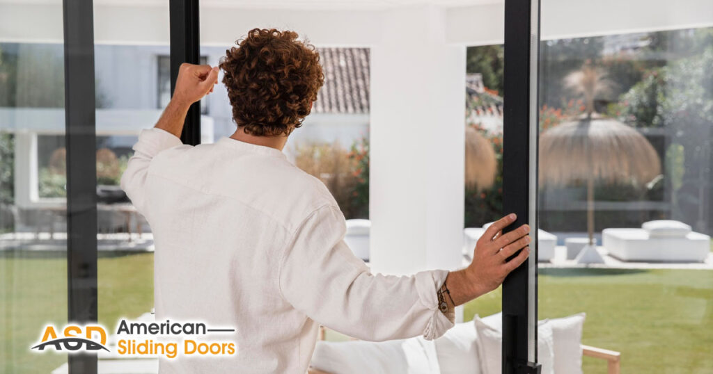 man with sliding glass door