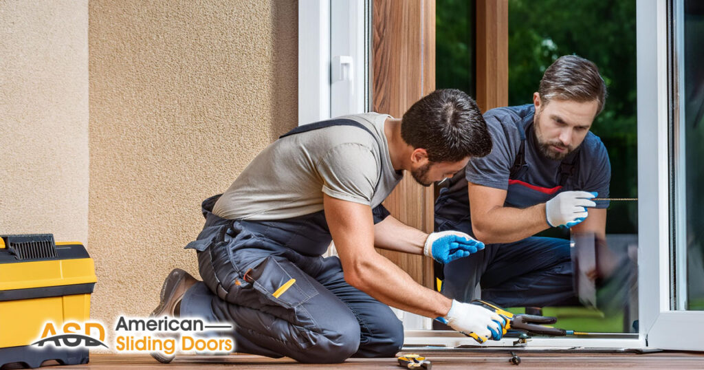 male professional technician performing repair on sliding door of patio